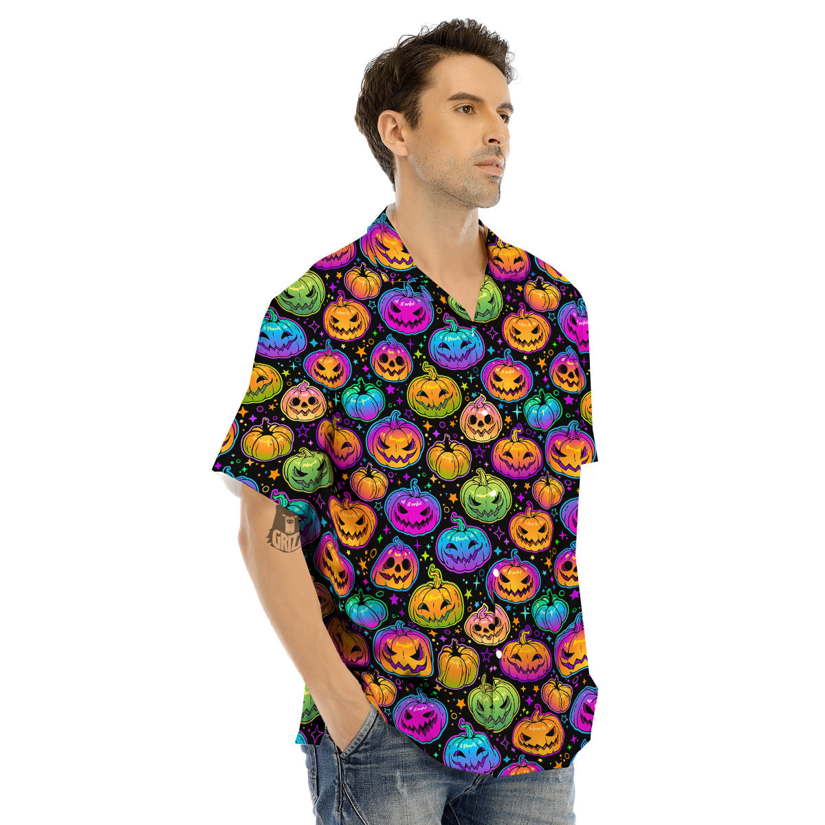 Multicolored Pumpkins Halloween Print Pattern Men's Hawaiian Shirt-grizzshop