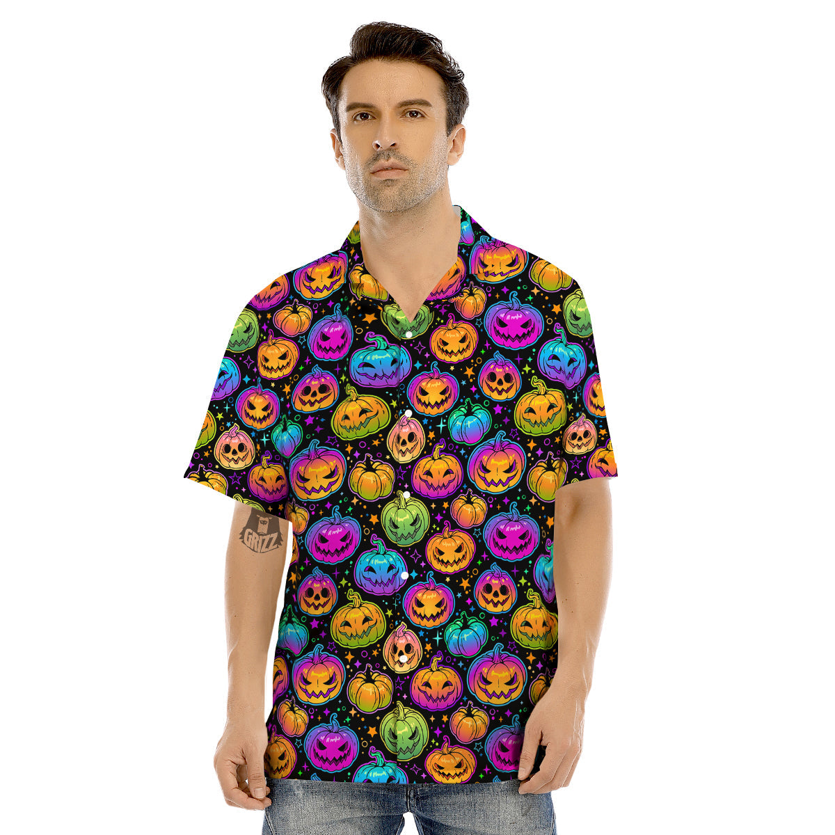 Multicolored Pumpkins Halloween Print Pattern Men's Hawaiian Shirt-grizzshop