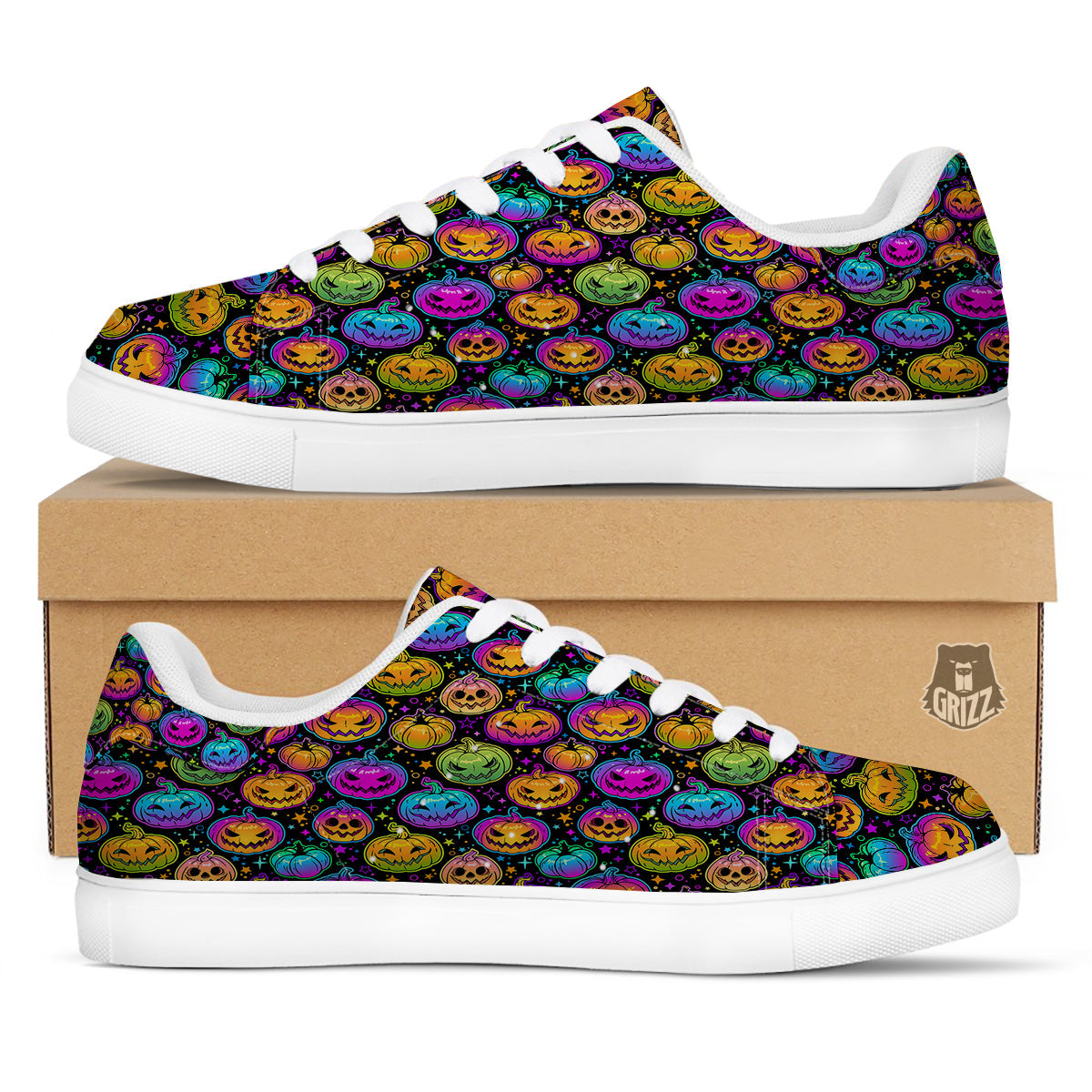 Multicolored Pumpkins Halloween Print Pattern White Low Top Sneakers-grizzshop