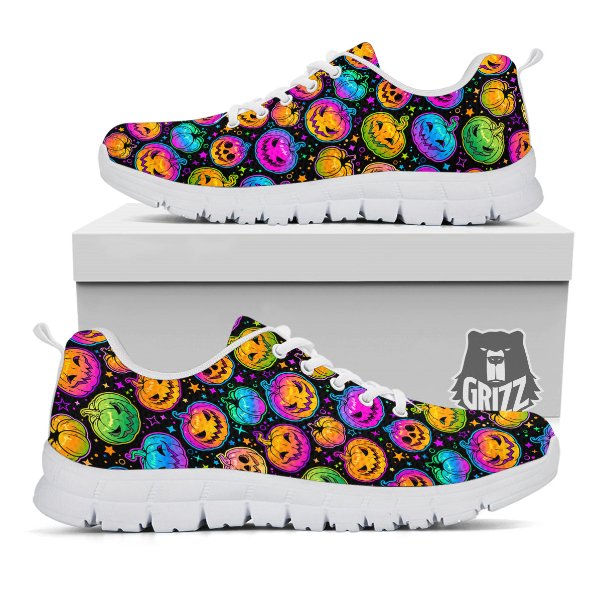 Multicolored Pumpkins Halloween Print Pattern White Sneaker-grizzshop