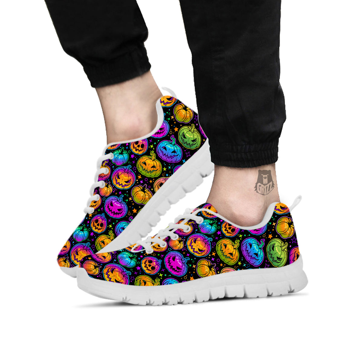 Multicolored Pumpkins Halloween Print Pattern White Sneaker-grizzshop