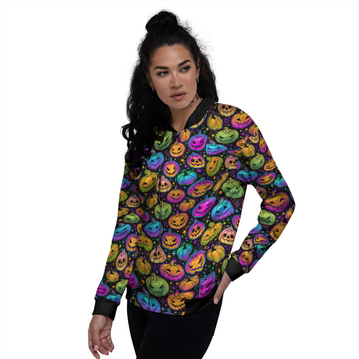 Multicolored Pumpkins Halloween Print Pattern Women's Bomber Jacket-grizzshop