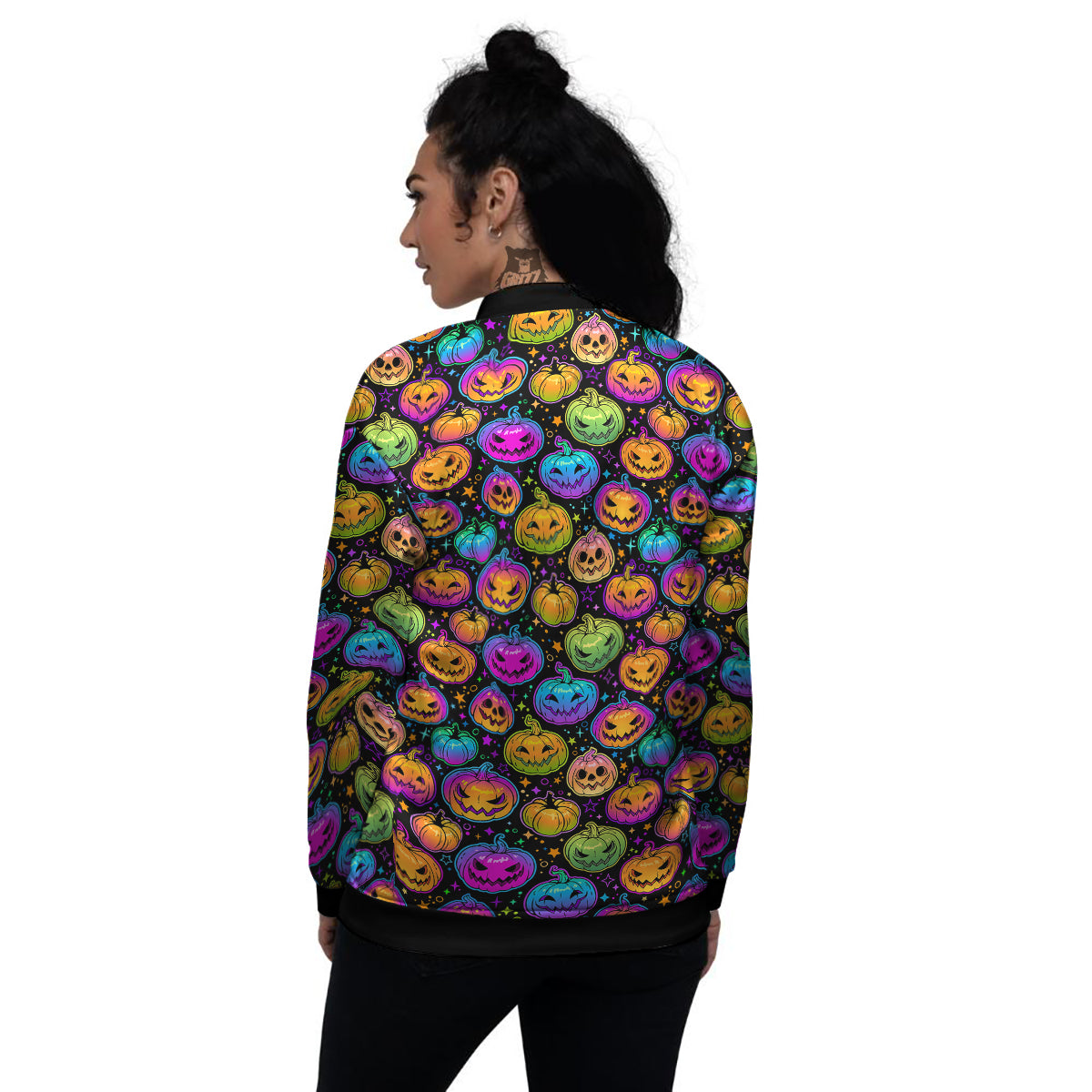 Multicolored Pumpkins Halloween Print Pattern Women's Bomber Jacket-grizzshop