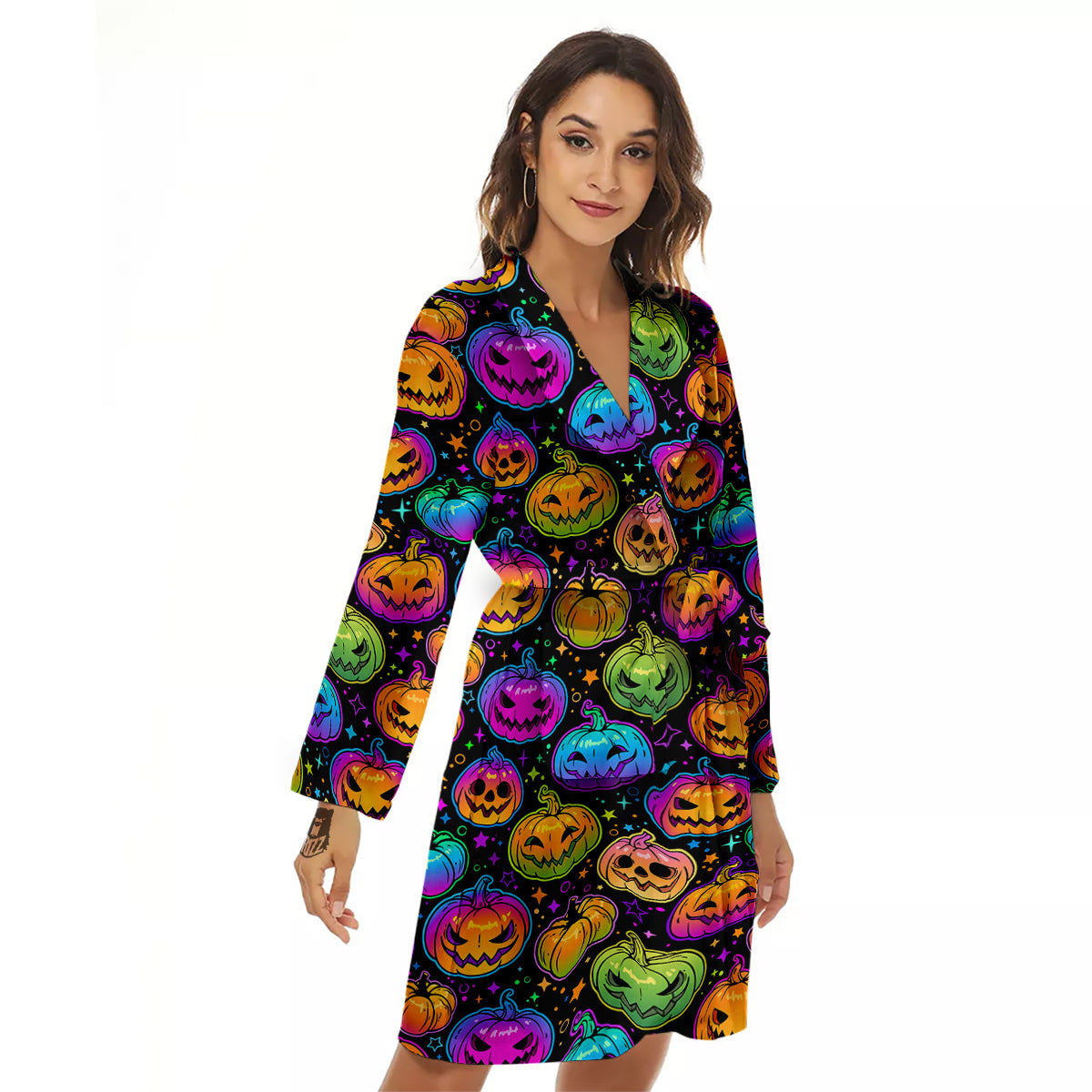 Multicolored Pumpkins Halloween Print Pattern Women's Robe-grizzshop