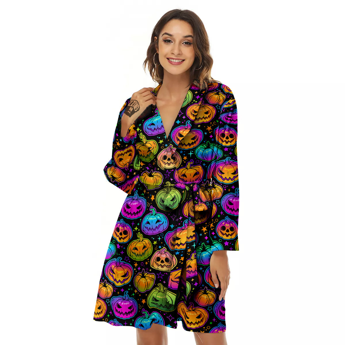 Multicolored Pumpkins Halloween Print Pattern Women's Robe-grizzshop