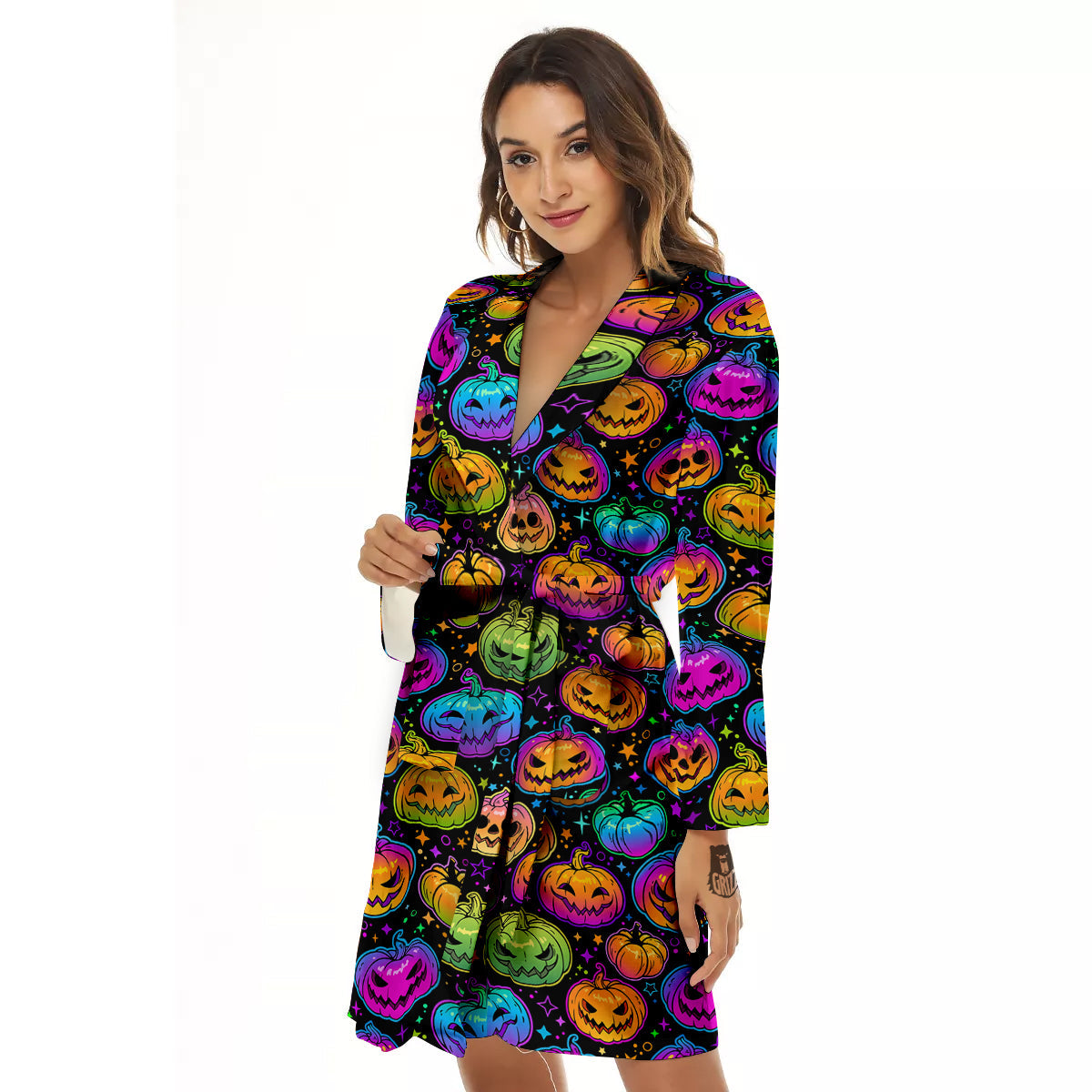 Multicolored Pumpkins Halloween Print Pattern Women's Robe-grizzshop