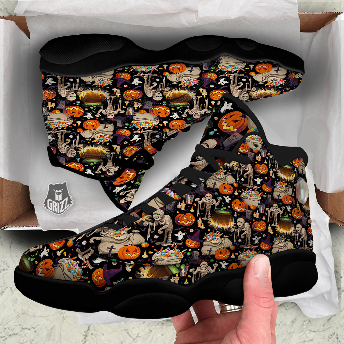 Mummy And Pumpkins Halloween Print Pattern Black Basketball Shoes-grizzshop
