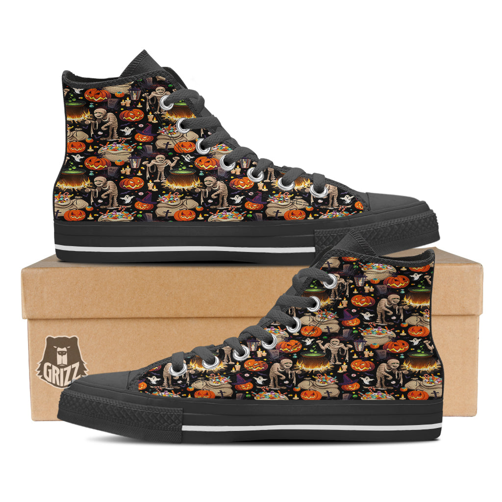 Mummy And Pumpkins Halloween Print Pattern Black High Top Shoes-grizzshop