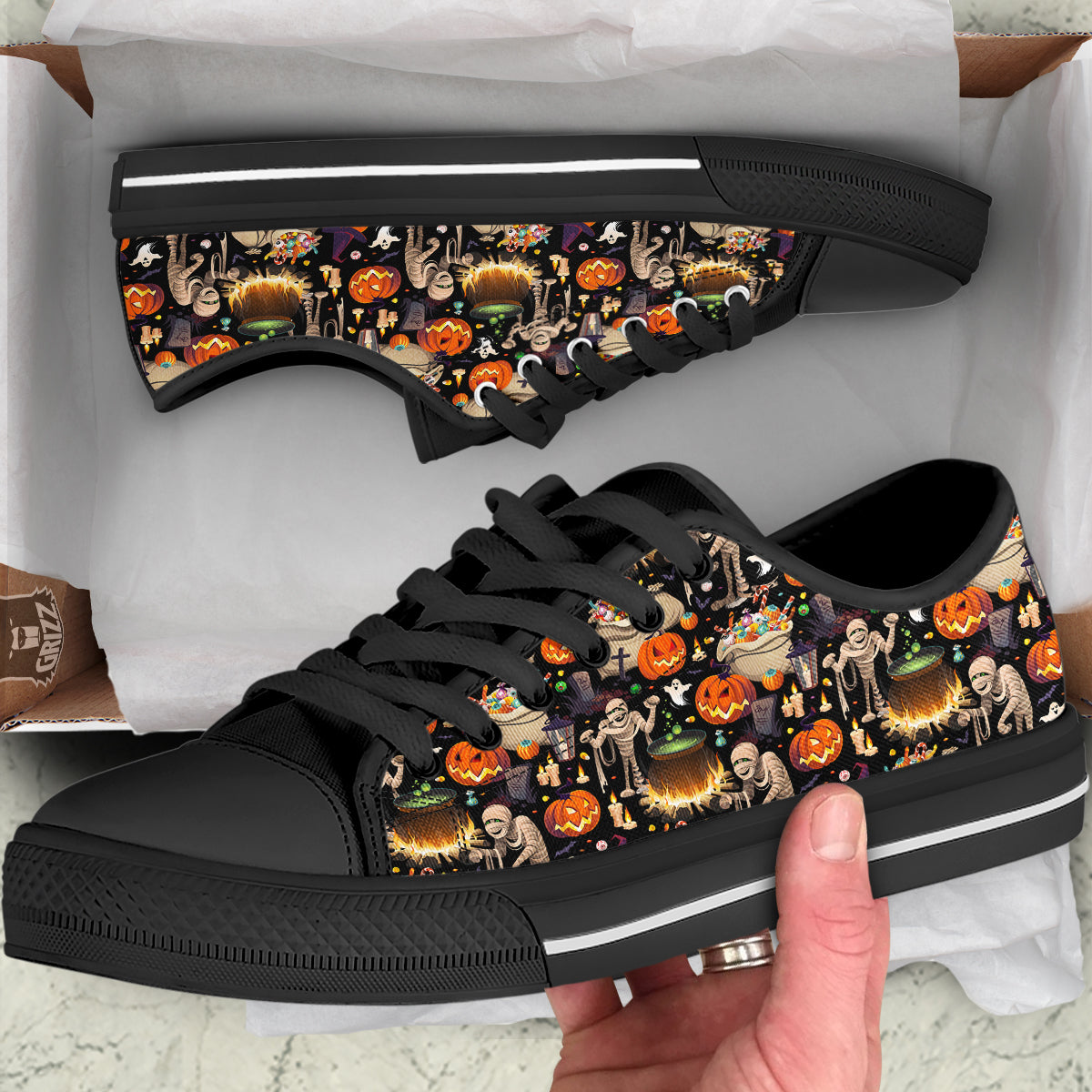Mummy And Pumpkins Halloween Print Pattern Black Low Top Shoes-grizzshop