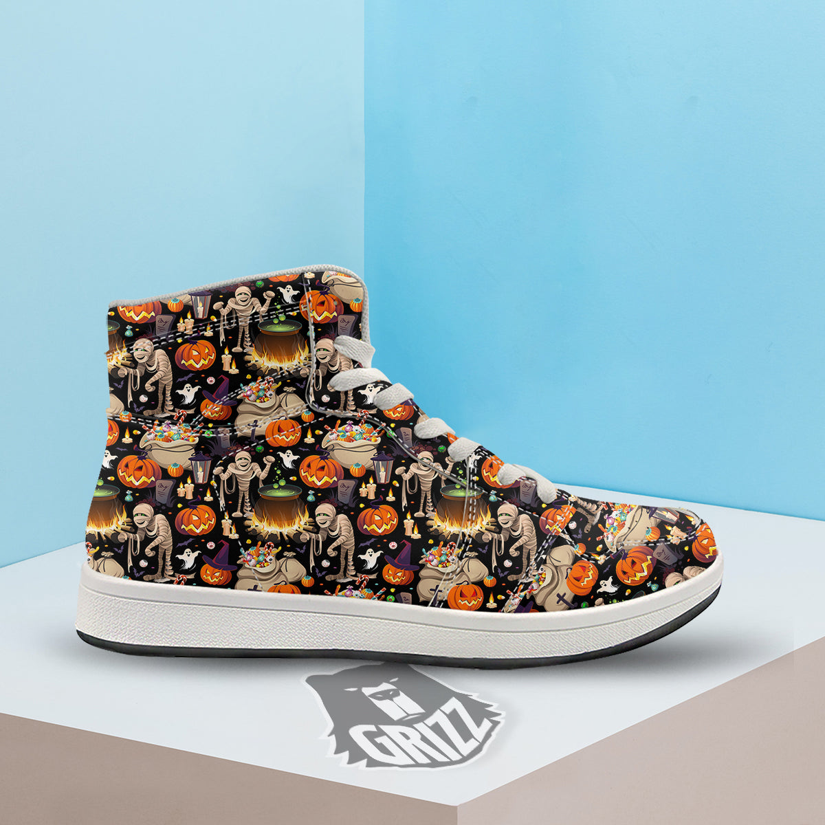 Mummy And Pumpkins Halloween Print Pattern High Top Sneakers-grizzshop