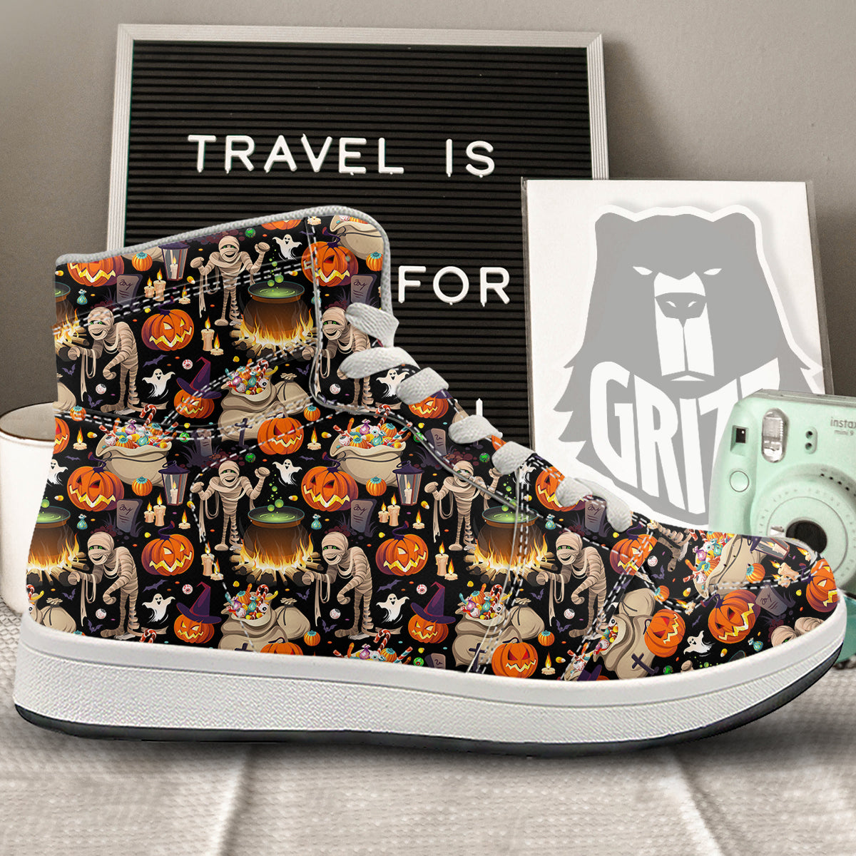 Mummy And Pumpkins Halloween Print Pattern High Top Sneakers-grizzshop