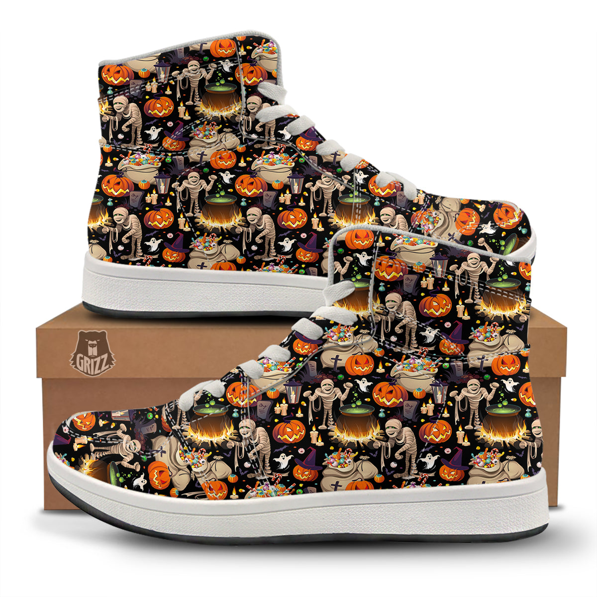 Mummy And Pumpkins Halloween Print Pattern High Top Sneakers-grizzshop