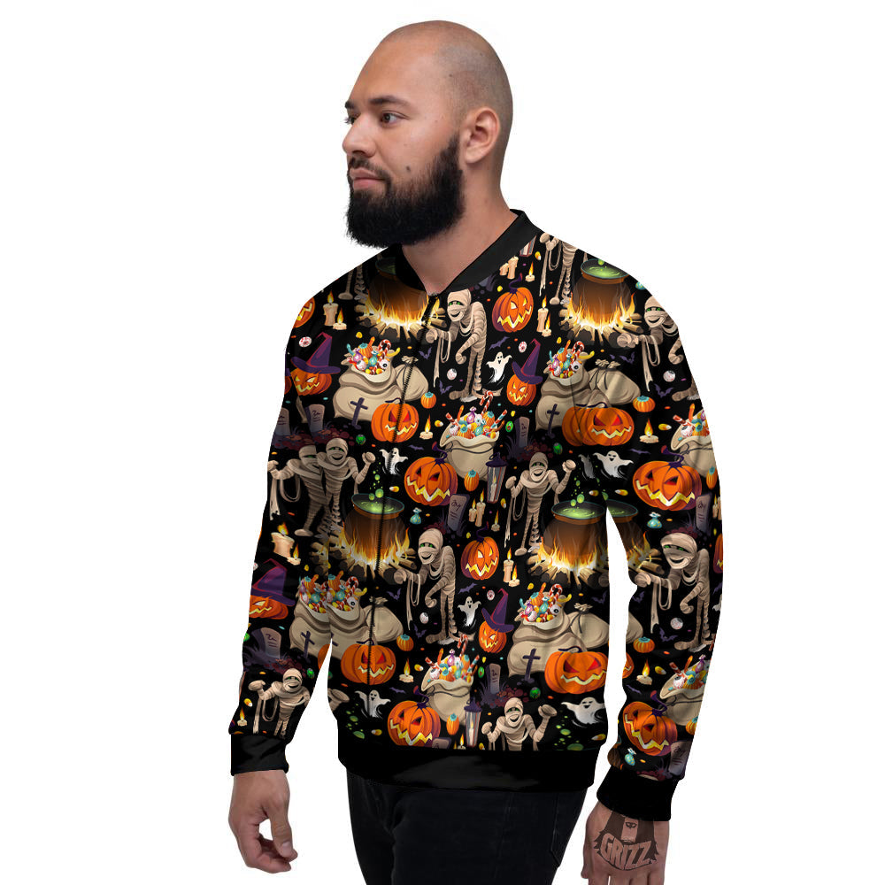 Mummy And Pumpkins Halloween Print Pattern Men's Bomber Jacket-grizzshop