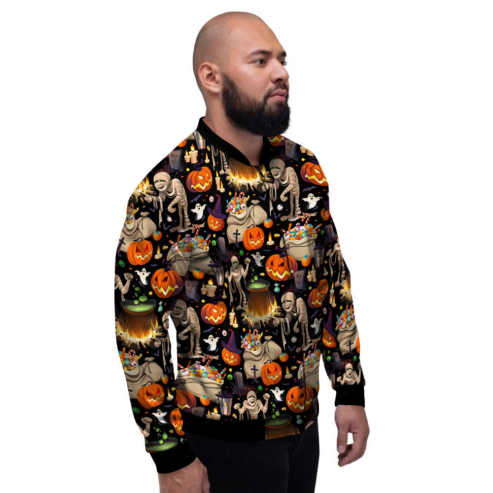 Mummy And Pumpkins Halloween Print Pattern Men's Bomber Jacket-grizzshop