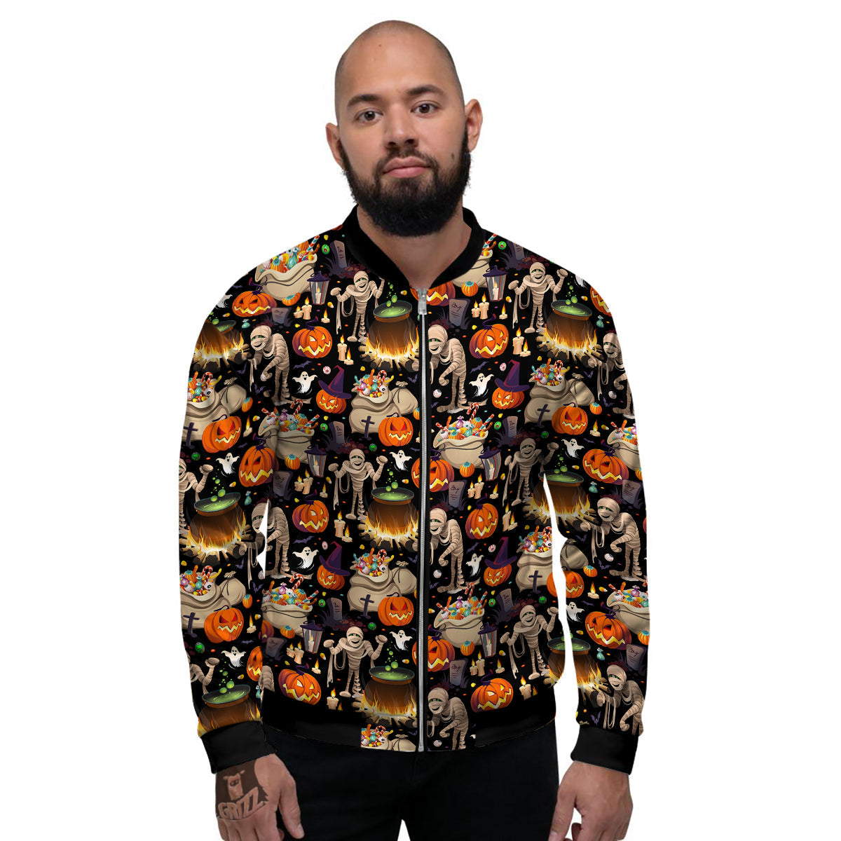 Mummy And Pumpkins Halloween Print Pattern Men's Bomber Jacket-grizzshop