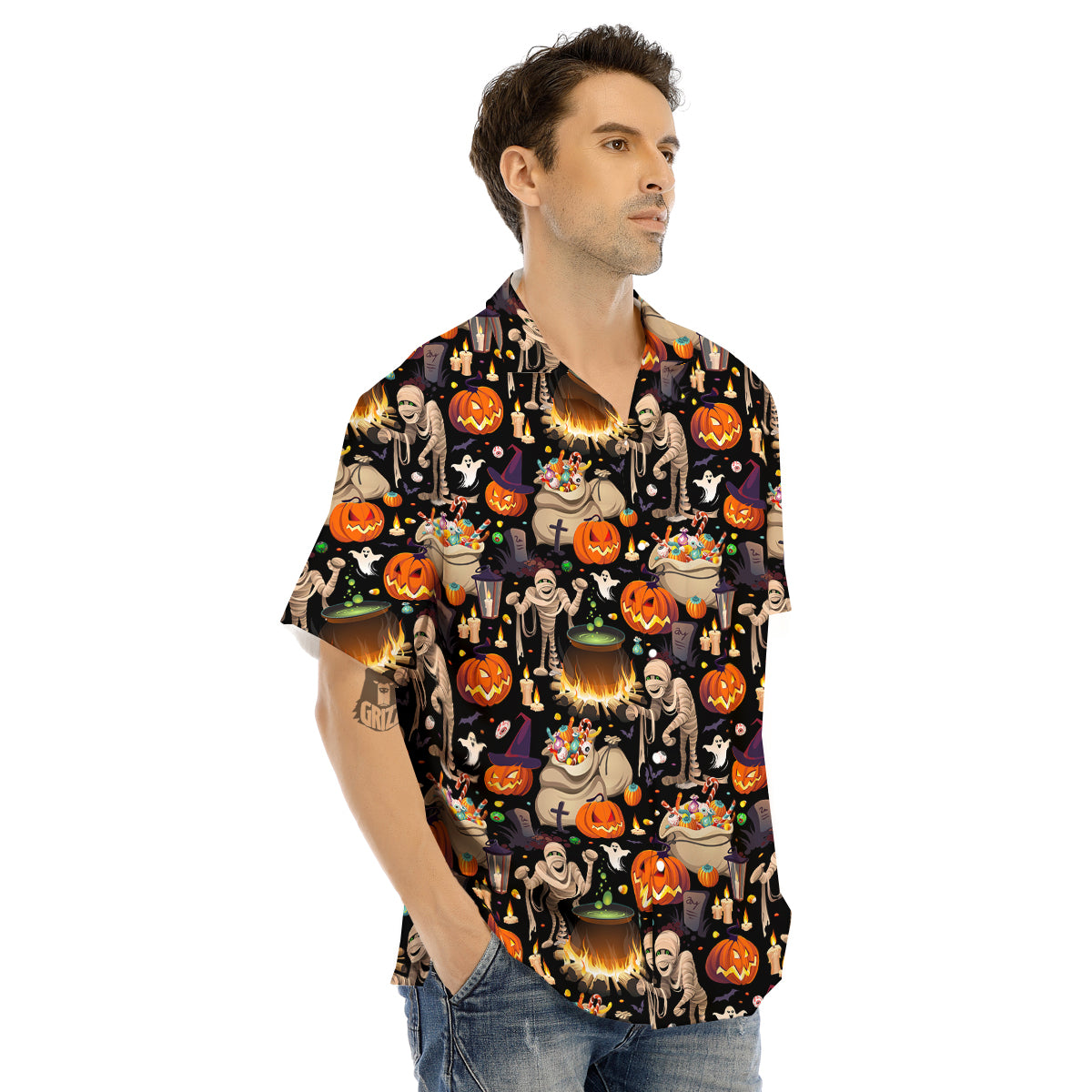Mummy And Pumpkins Halloween Print Pattern Men's Hawaiian Shirt-grizzshop