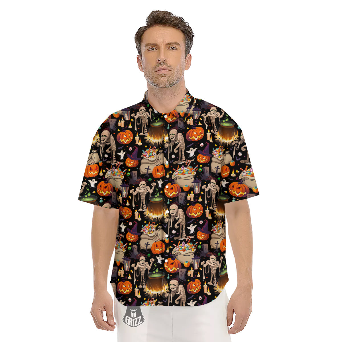 Mummy And Pumpkins Halloween Print Pattern Men's Short Sleeve Shirts-grizzshop