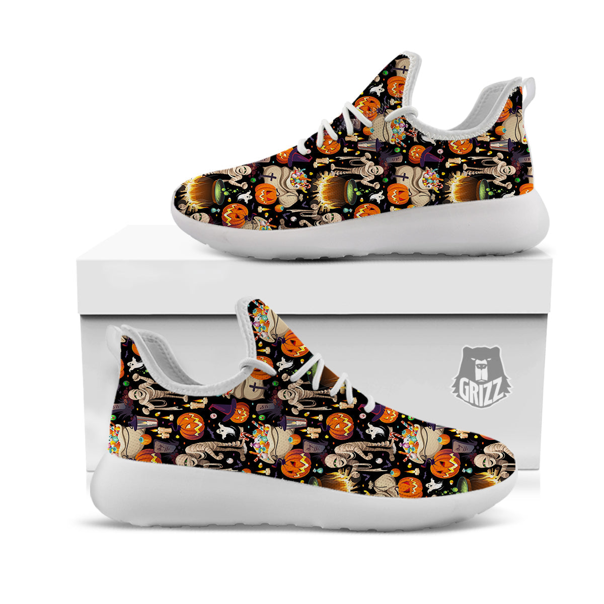 Mummy And Pumpkins Halloween Print Pattern White Athletic Shoes-grizzshop