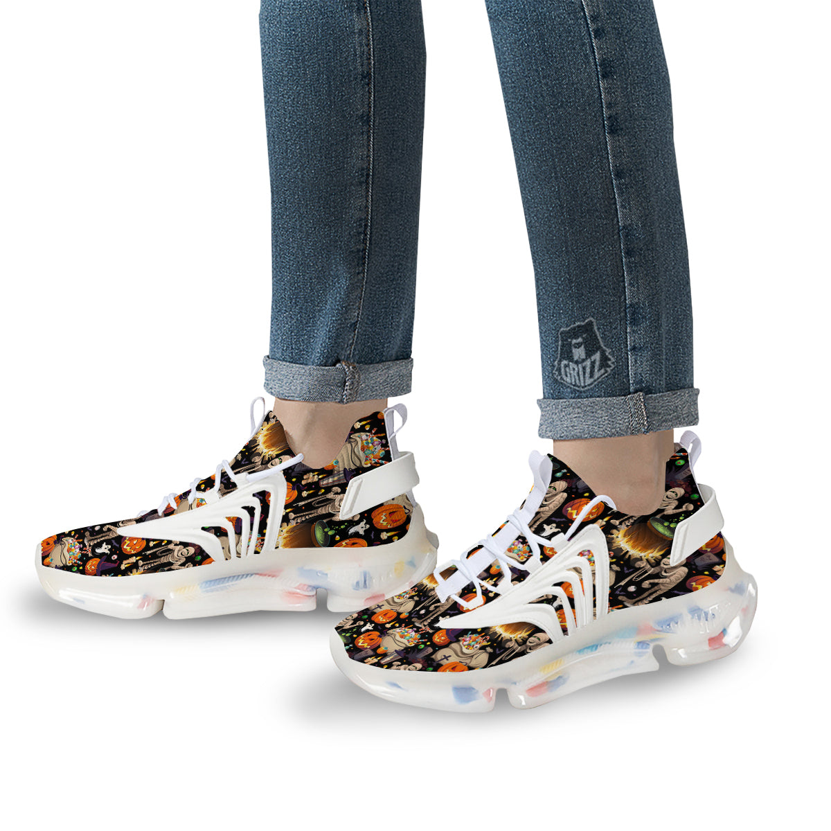 Mummy And Pumpkins Halloween Print Pattern White Gym Shoes-grizzshop