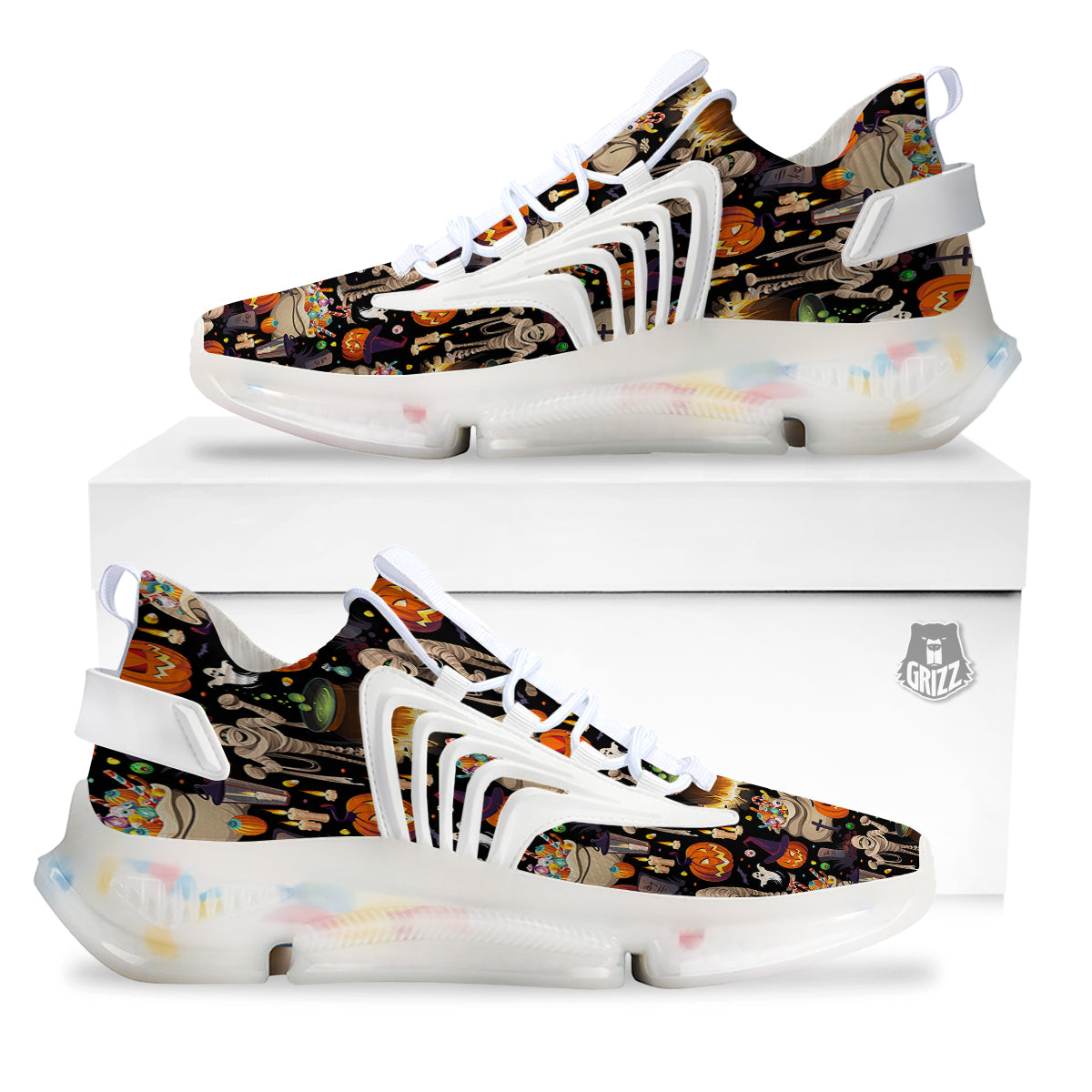 Mummy And Pumpkins Halloween Print Pattern White Gym Shoes-grizzshop