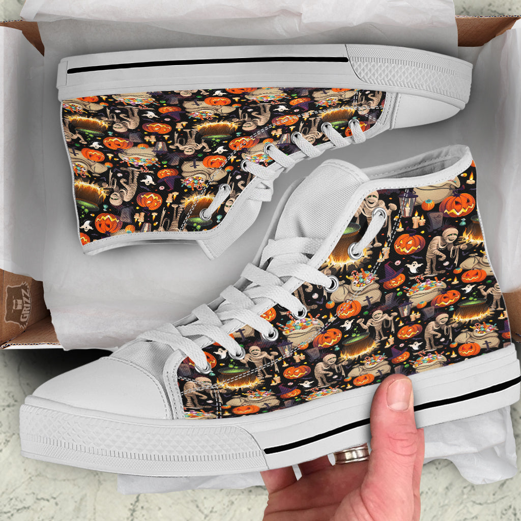 Mummy And Pumpkins Halloween Print Pattern White High Top Shoes-grizzshop
