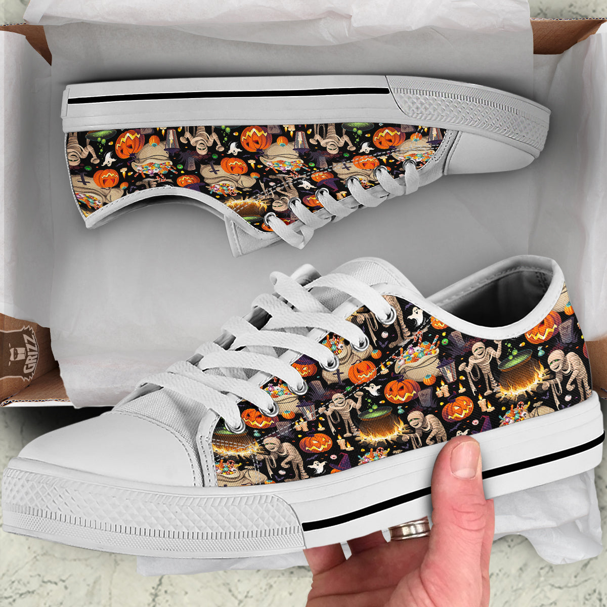 Mummy And Pumpkins Halloween Print Pattern White Low Top Shoes-grizzshop