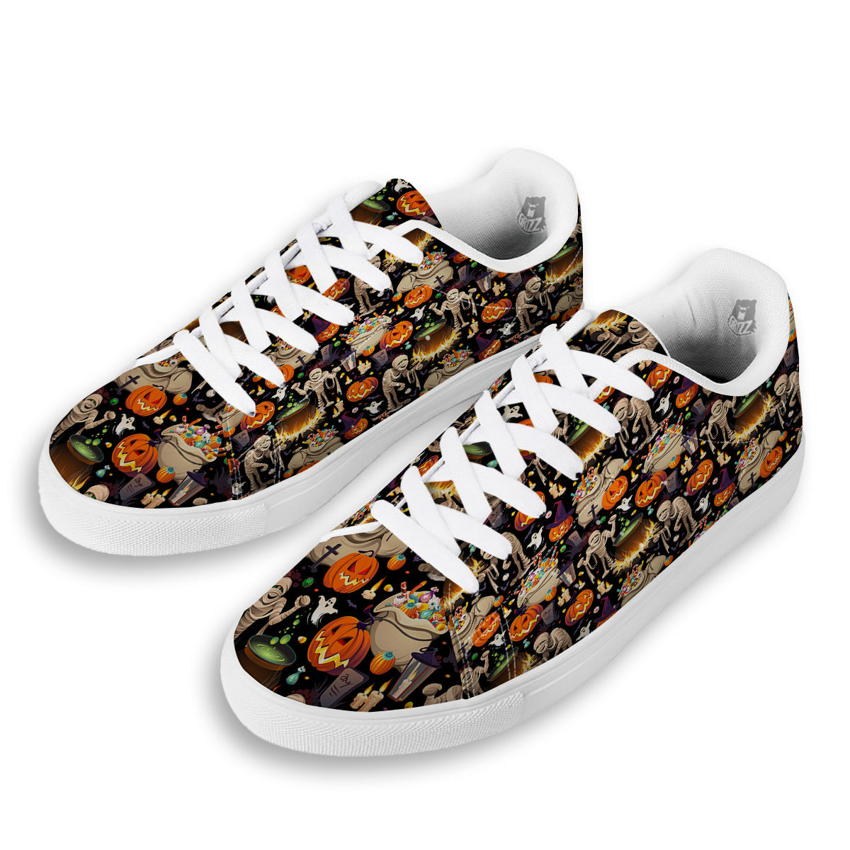 Mummy And Pumpkins Halloween Print Pattern White Low Top Sneakers-grizzshop