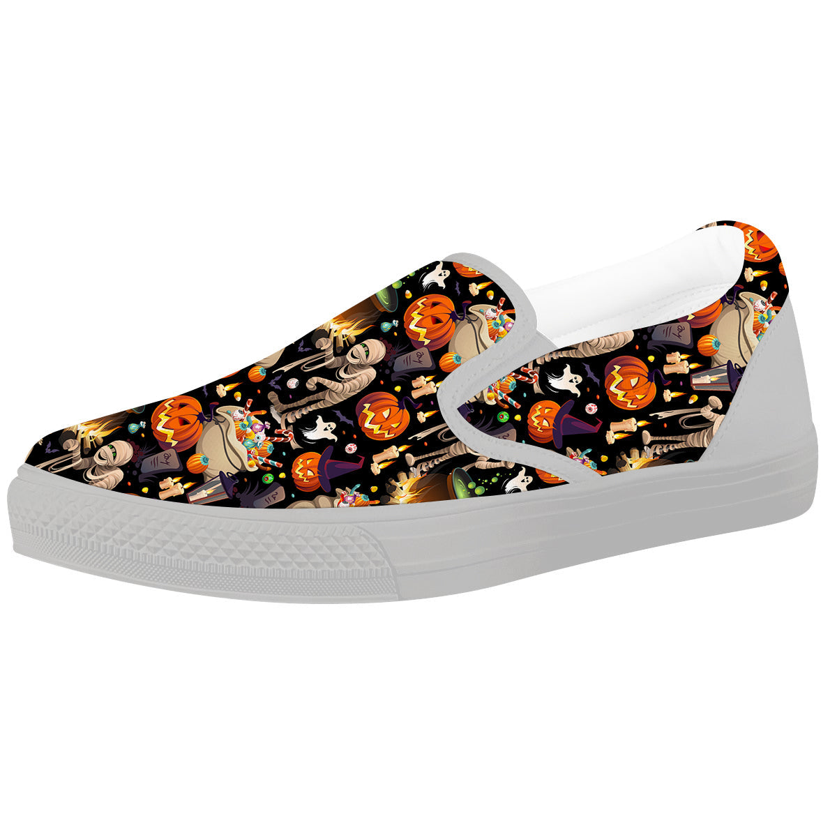 Mummy And Pumpkins Halloween Print Pattern White Slip On Shoes-grizzshop