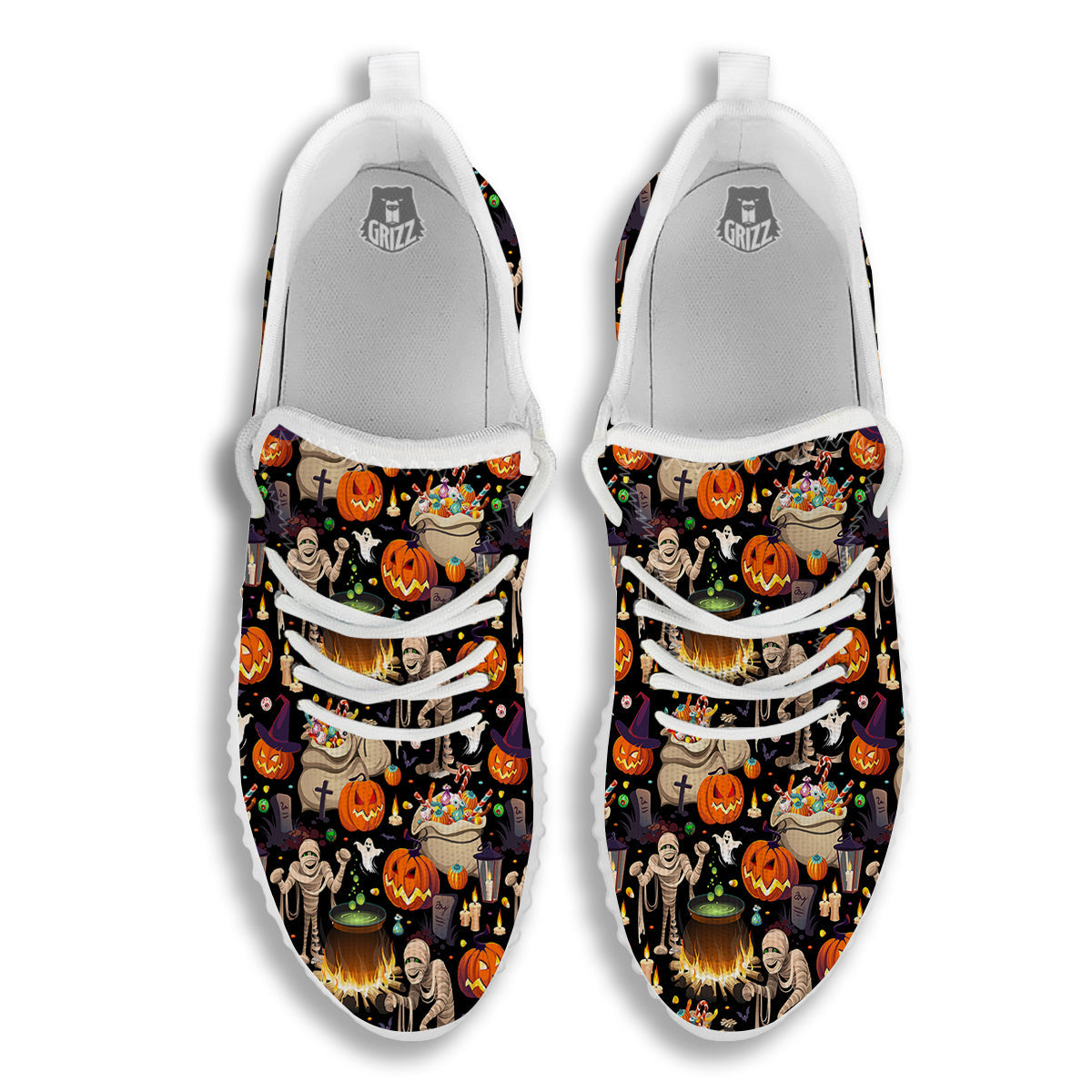 Mummy And Pumpkins Halloween Print Pattern White Walking Shoes-grizzshop