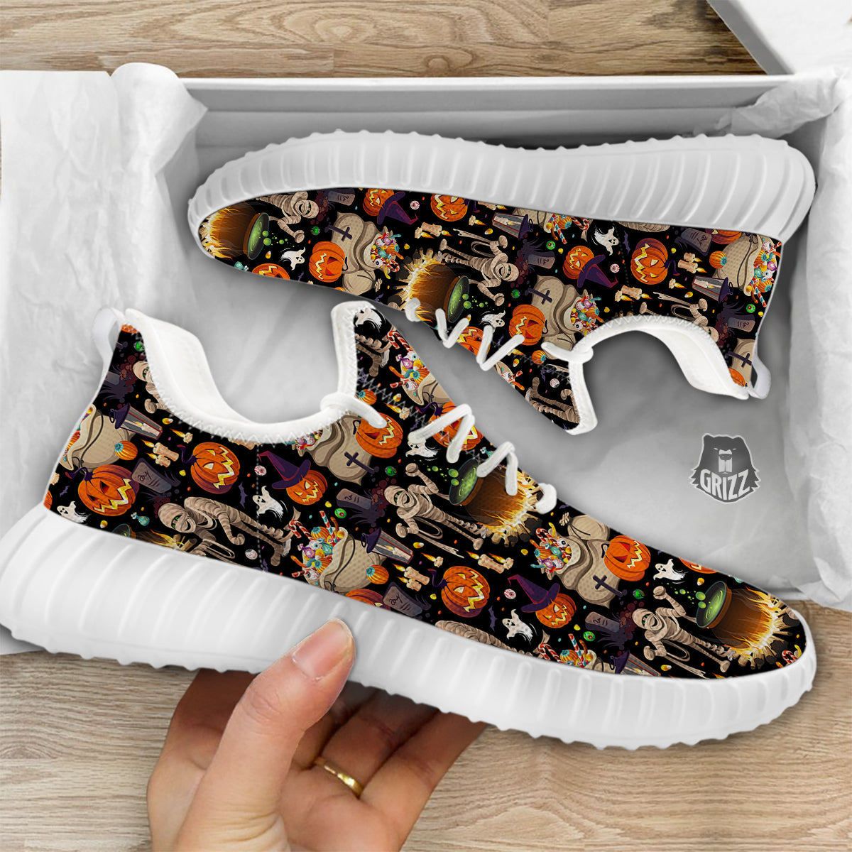 Mummy And Pumpkins Halloween Print Pattern White Walking Shoes-grizzshop
