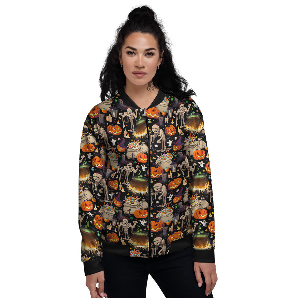 Mummy And Pumpkins Halloween Print Pattern Women's Bomber Jacket-grizzshop