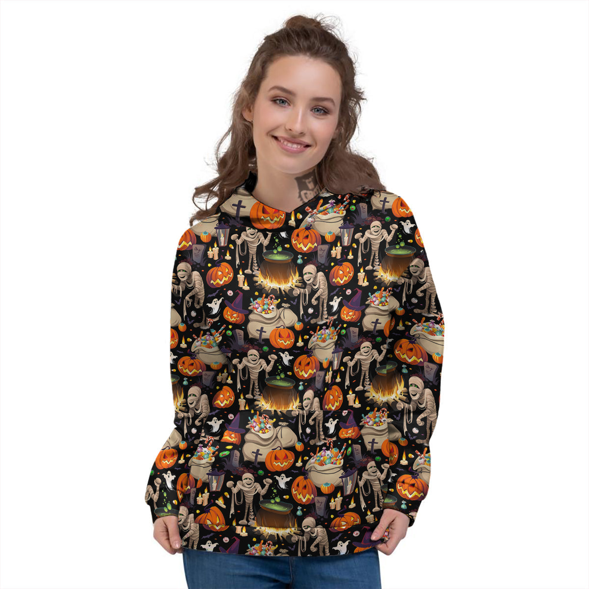 Mummy And Pumpkins Halloween Print Pattern Women's Hoodie-grizzshop