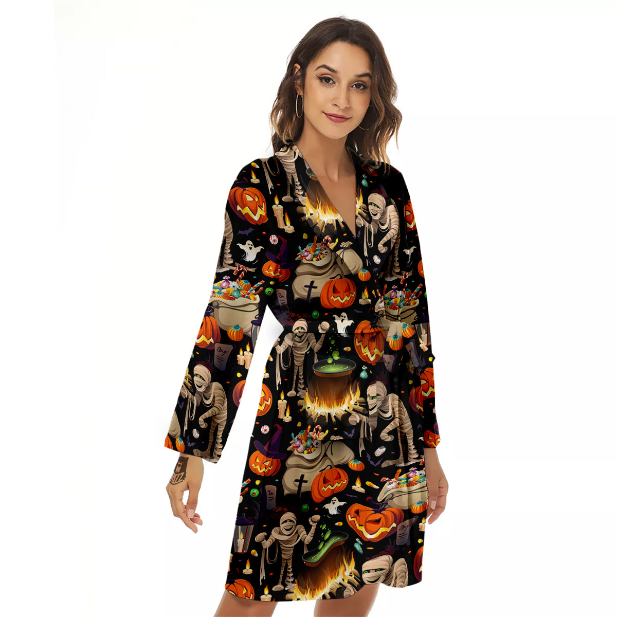 Mummy And Pumpkins Halloween Print Pattern Women's Robe-grizzshop