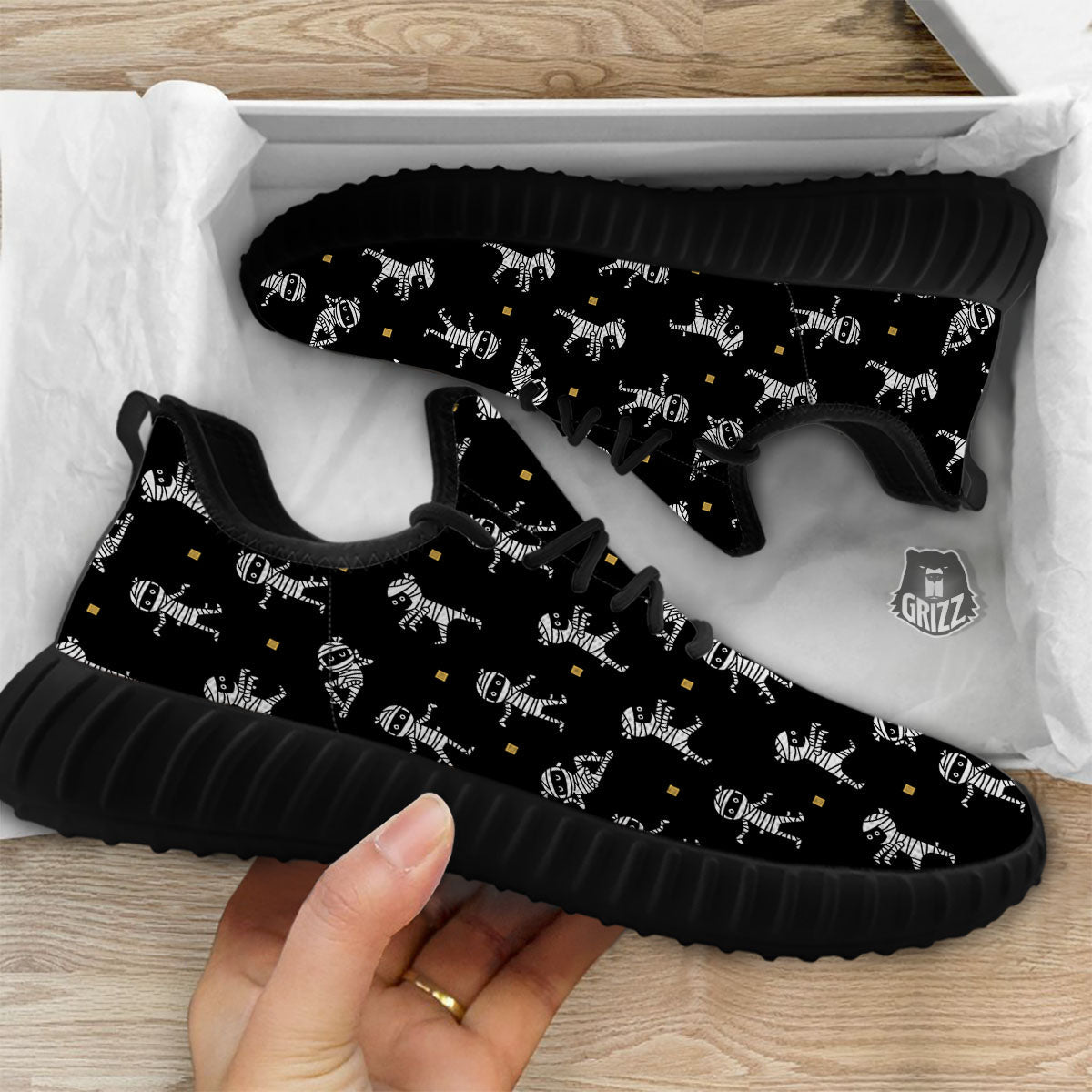 Mummy Cartoon Print Pattern Black Walking Shoes-grizzshop