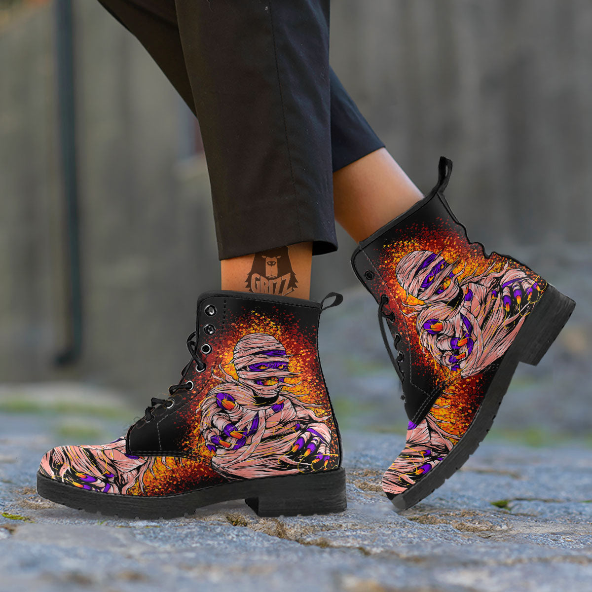 Mummy Halloween Print Leather Boots-grizzshop