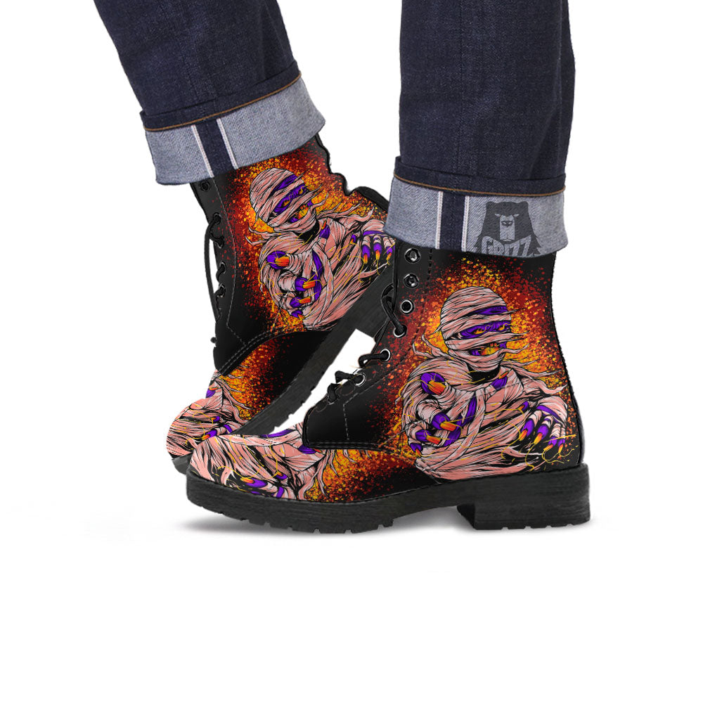 Mummy Halloween Print Leather Boots-grizzshop