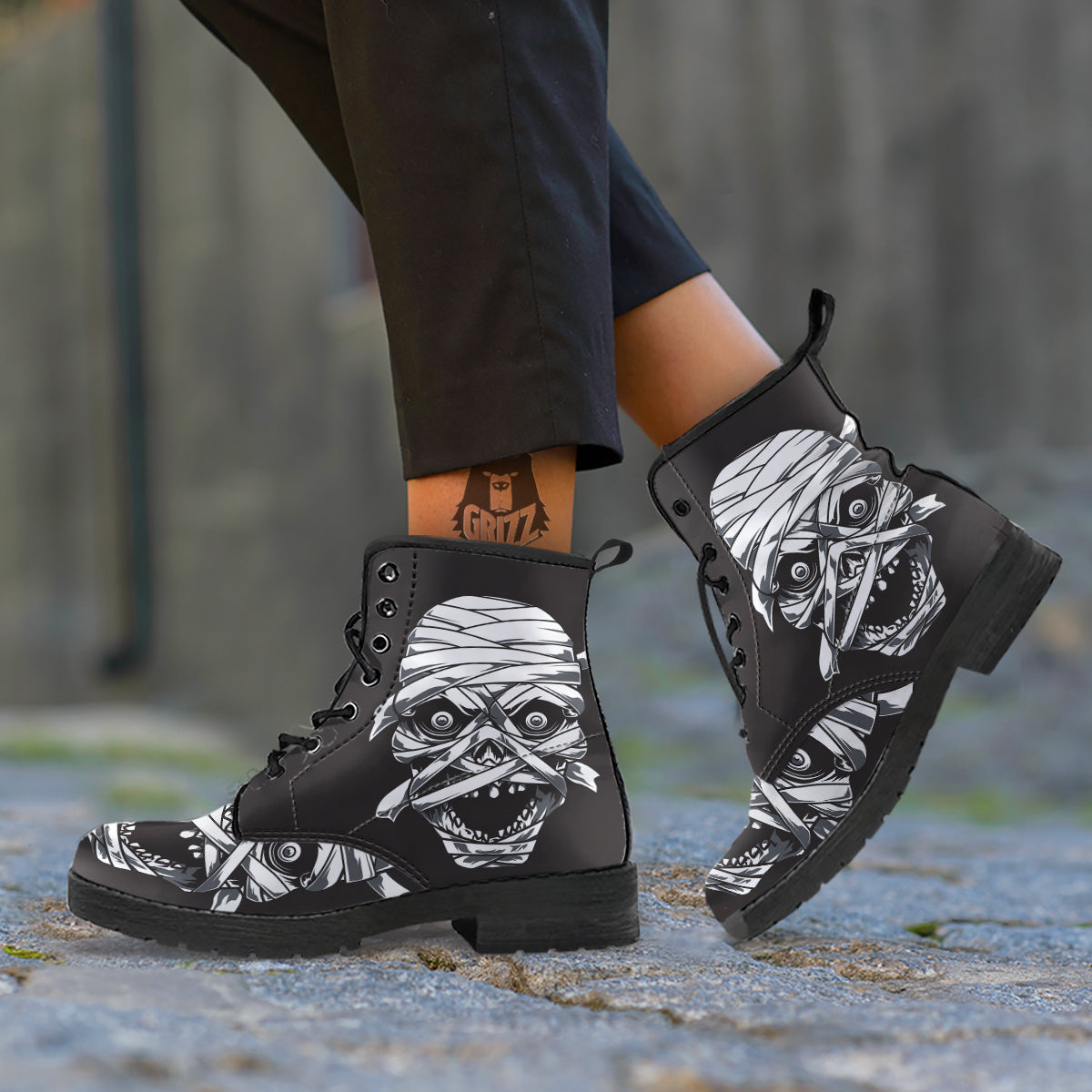 Mummy Head Print Leather Boots-grizzshop