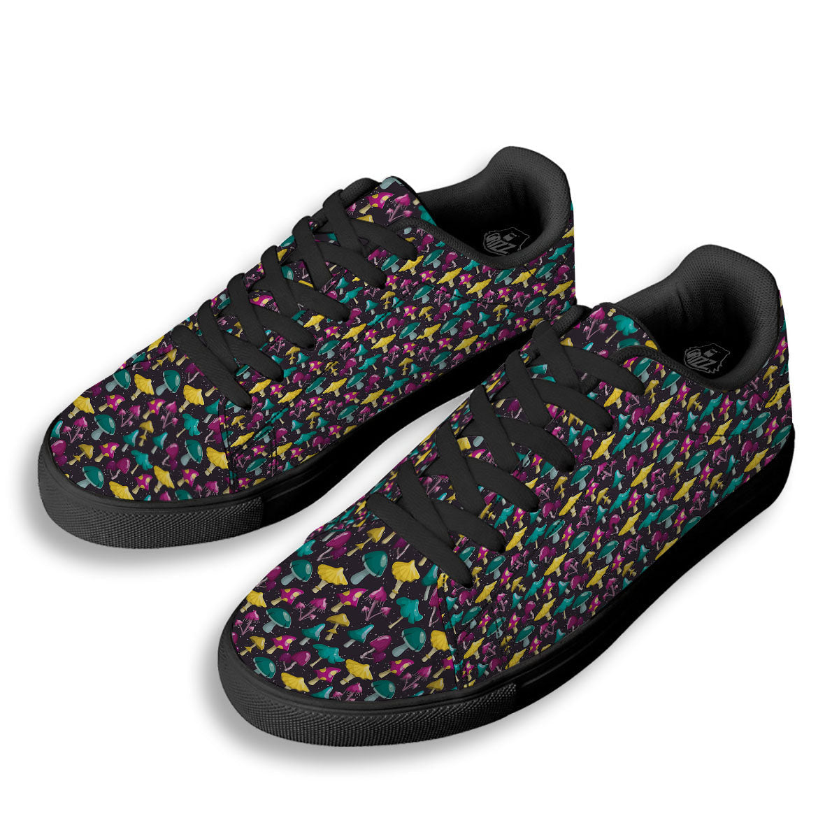 Mushroom Cartoon Print Pattern Black Low Top Sneakers-grizzshop