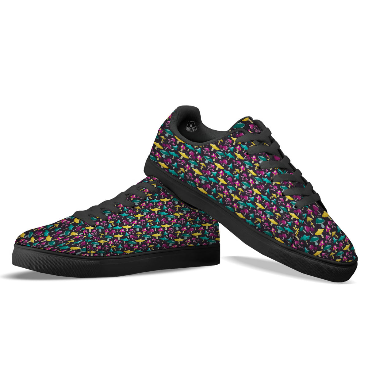 Mushroom Cartoon Print Pattern Black Low Top Sneakers-grizzshop