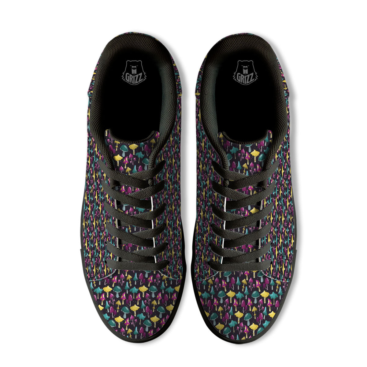 Mushroom Cartoon Print Pattern Black Low Top Sneakers-grizzshop