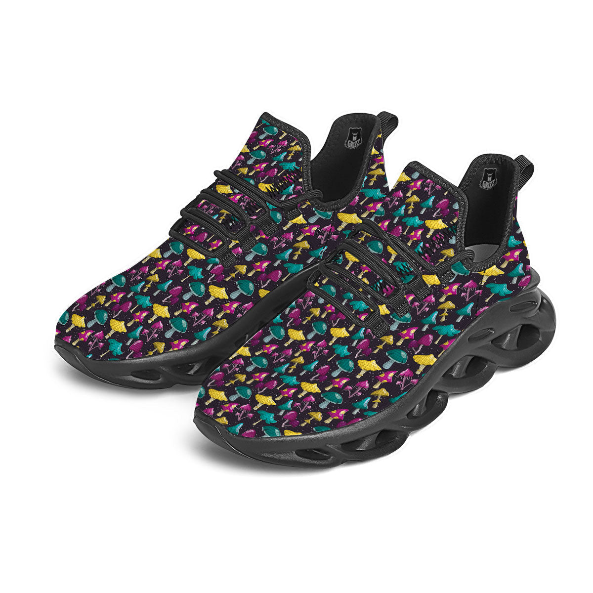 Mushroom Cartoon Print Pattern Black Running Shoes-grizzshop