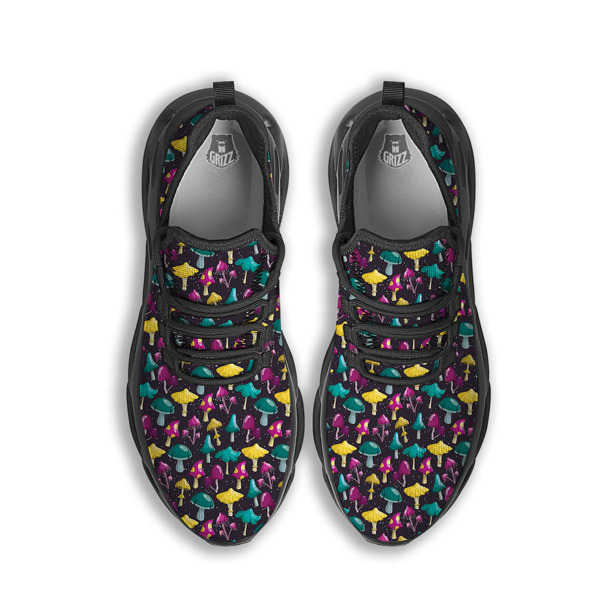 Mushroom Cartoon Print Pattern Black Running Shoes-grizzshop