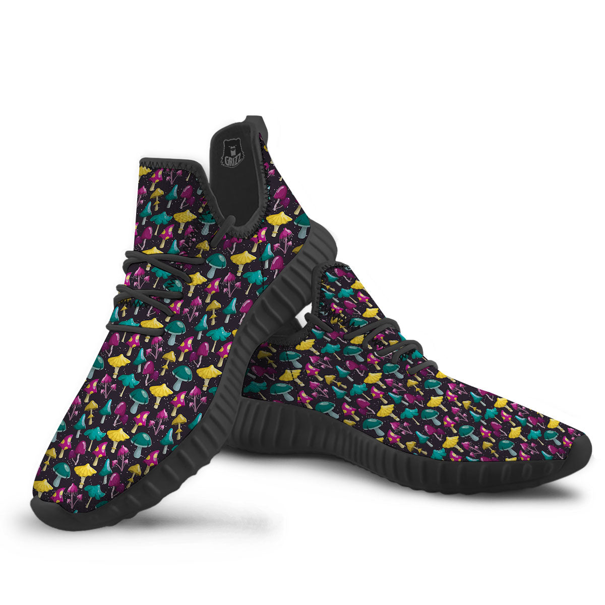 Mushroom Cartoon Print Pattern Black Walking Shoes-grizzshop