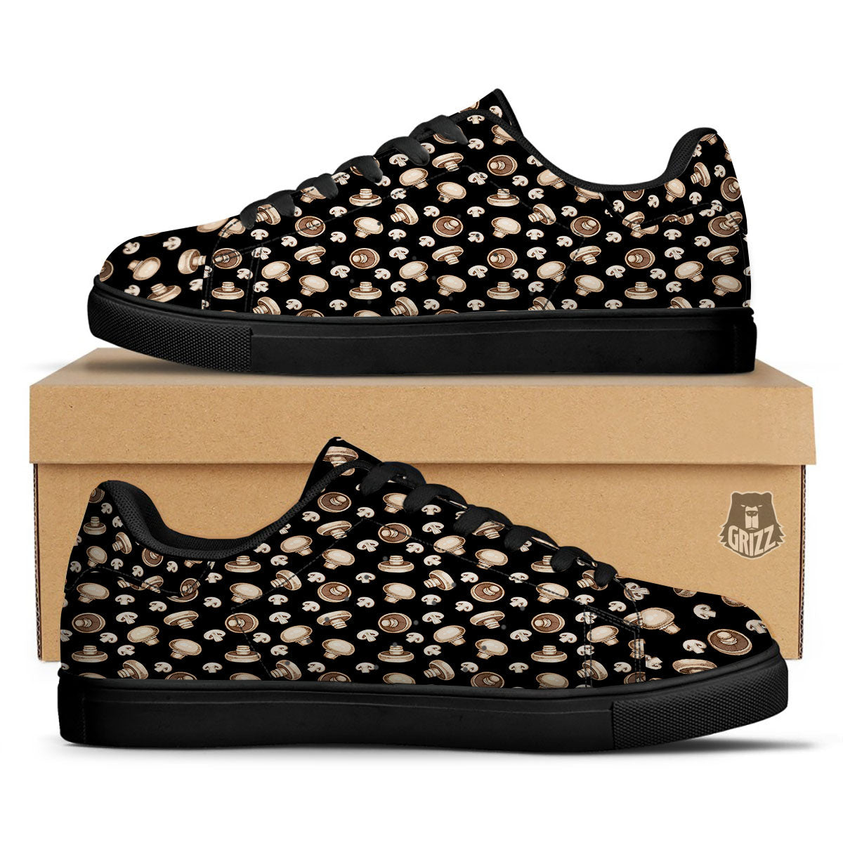 Mushroom Champignon Print Pattern Black Low Top Sneakers-grizzshop