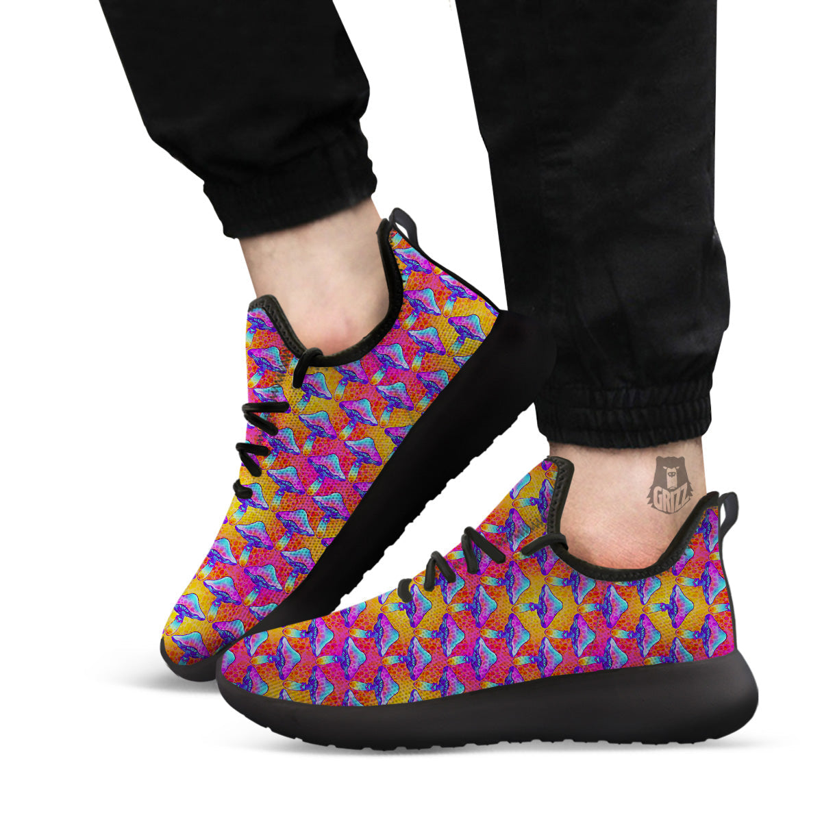 Mushroom Psychedelic Hippie Print Pattern Black Athletic Shoes-grizzshop