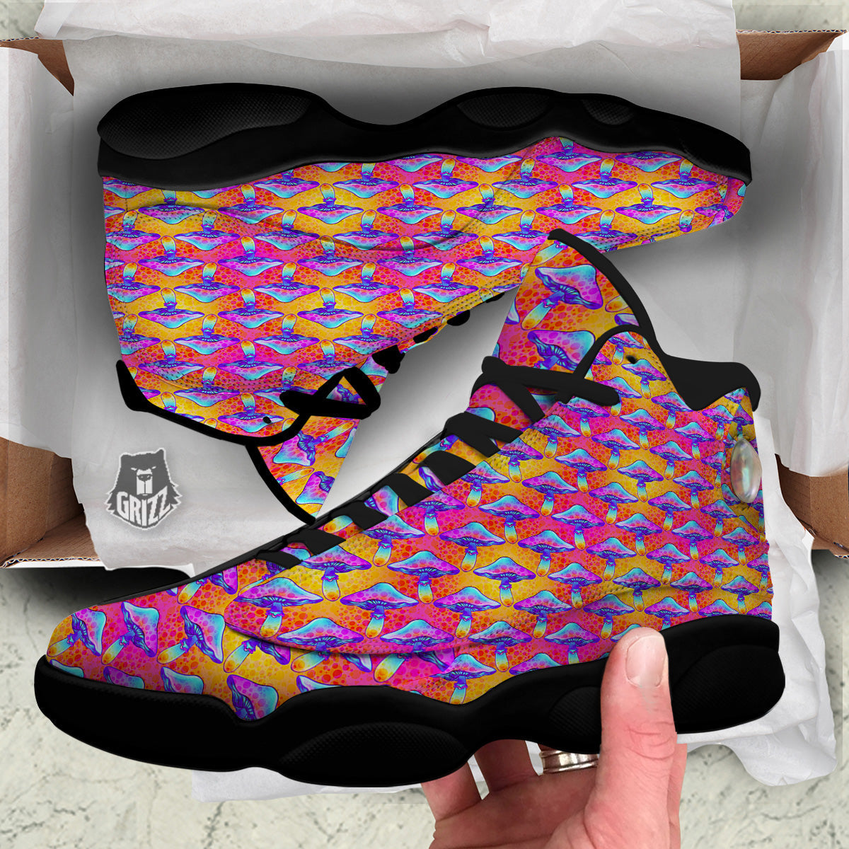 Mushroom Psychedelic Hippie Print Pattern Black Basketball Shoes-grizzshop