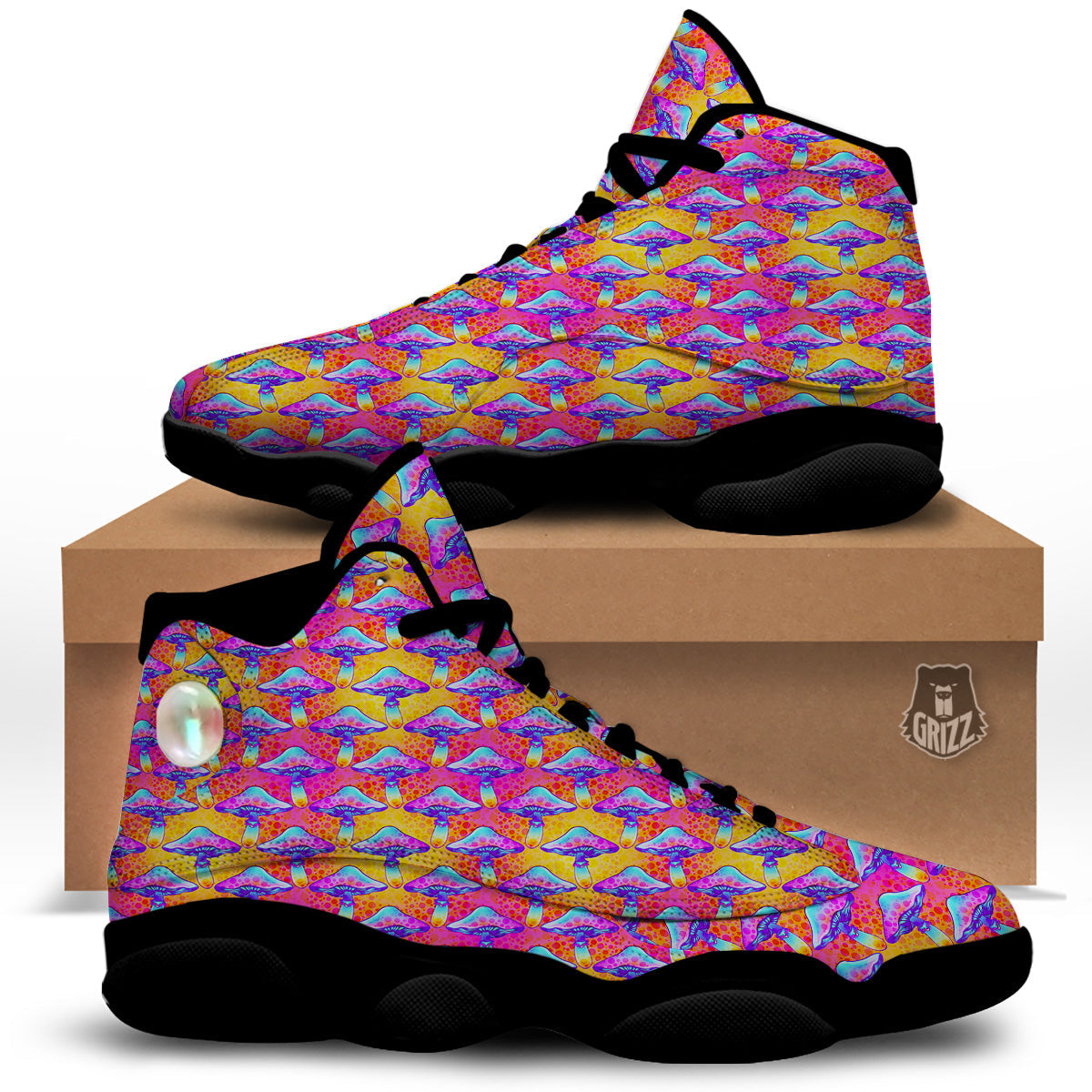 Mushroom Psychedelic Hippie Print Pattern Black Basketball Shoes-grizzshop