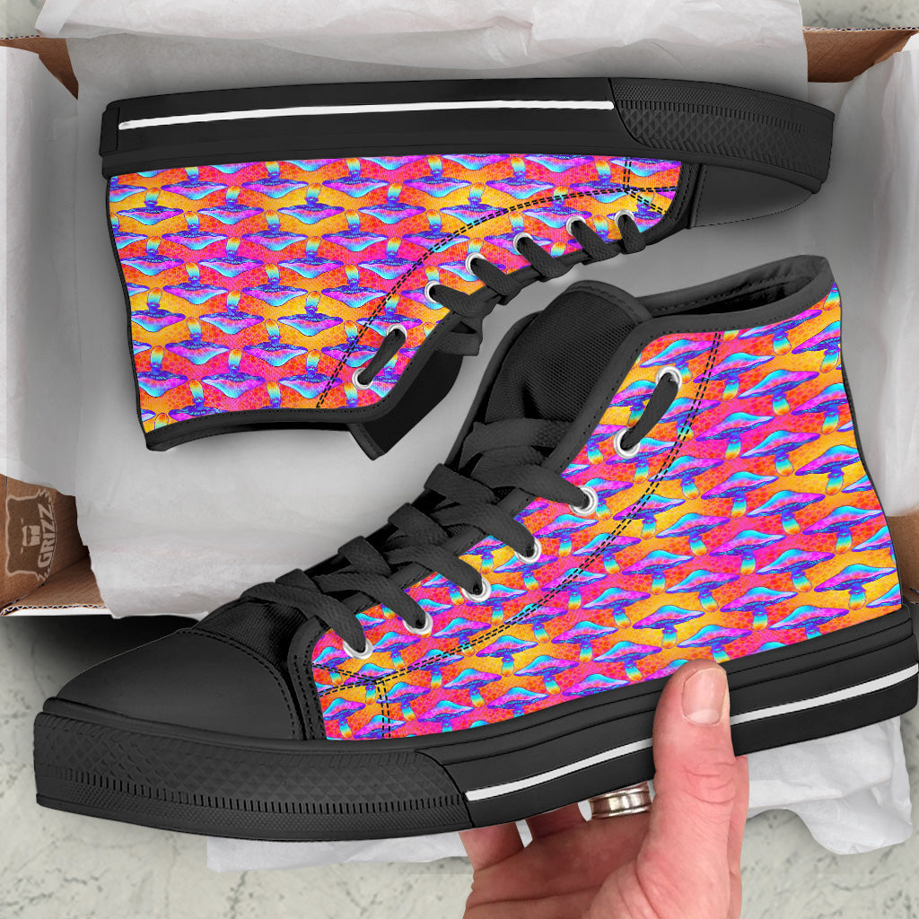Mushroom Psychedelic Hippie Print Pattern Black High Top Shoes-grizzshop