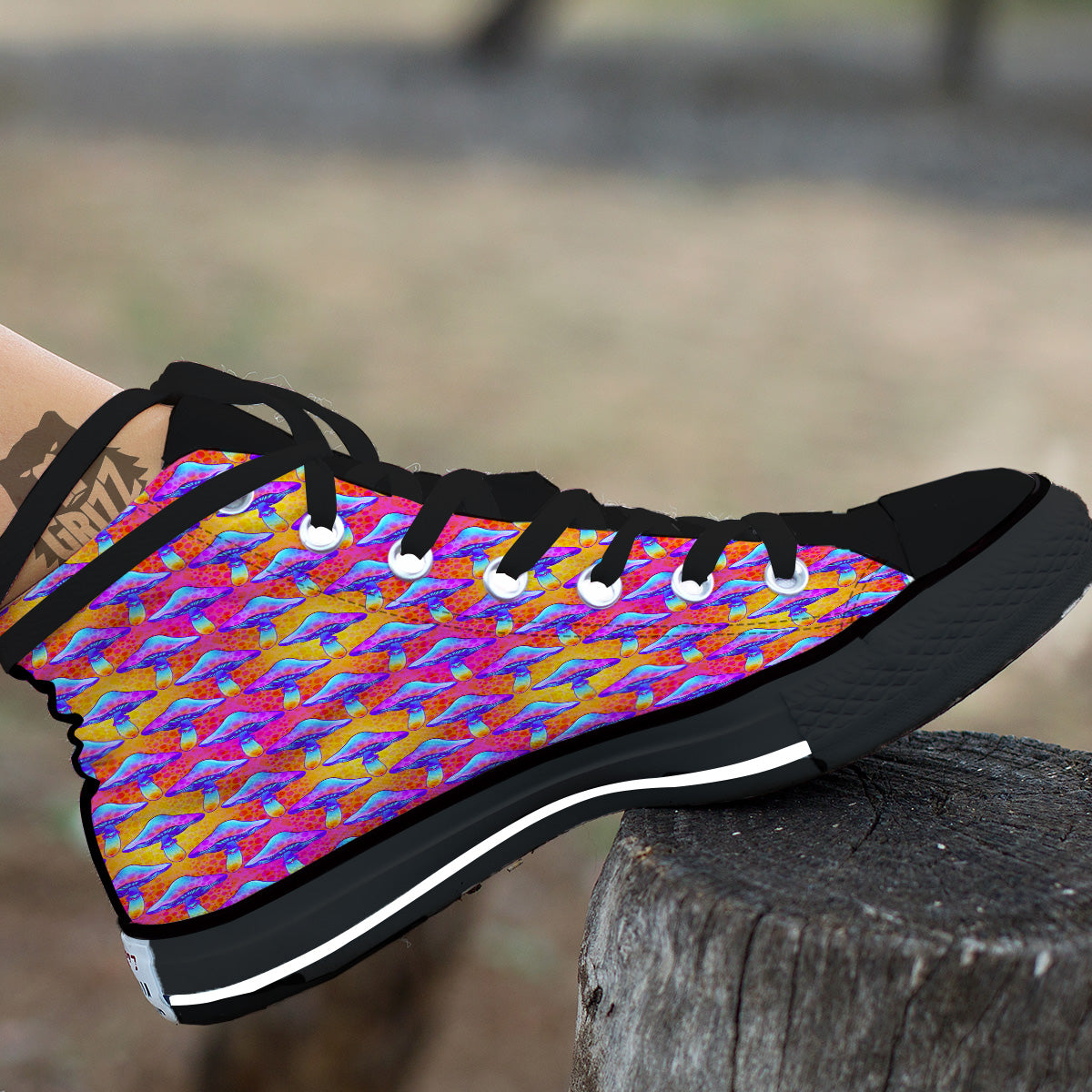 Mushroom Psychedelic Hippie Print Pattern Black High Top Shoes-grizzshop