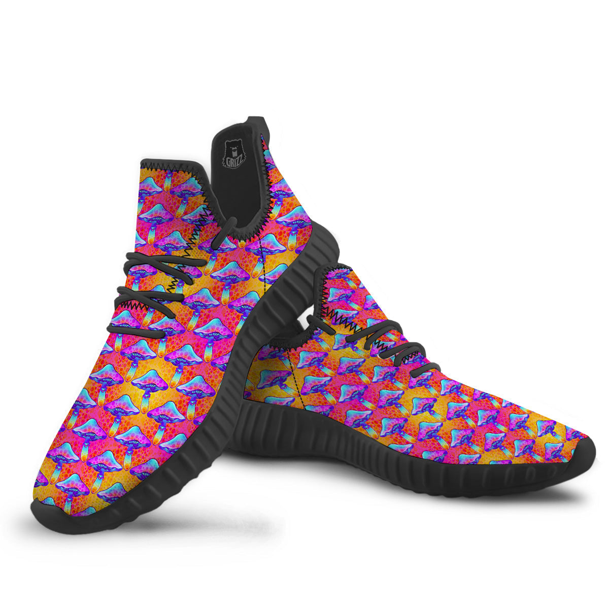 Mushroom Psychedelic Hippie Print Pattern Black Walking Shoes-grizzshop